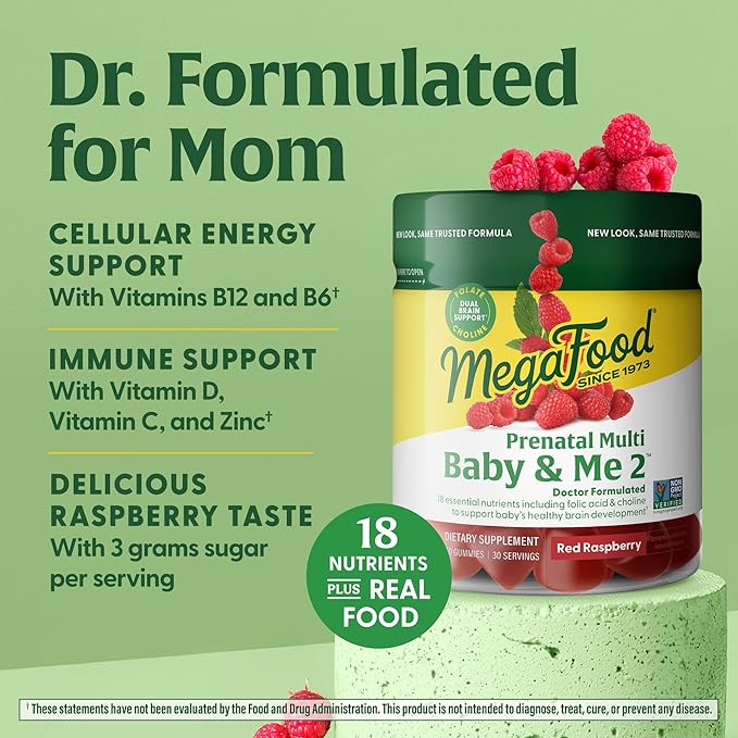 MegaFood Baby & Me 2 Prenatal Vitamins for Women Gummies with Folic Acid and Choline for Baby’s Brain Development; Plus Real Fruit- Red Raspberry Flavor - 60 Gummies (30 Servings)