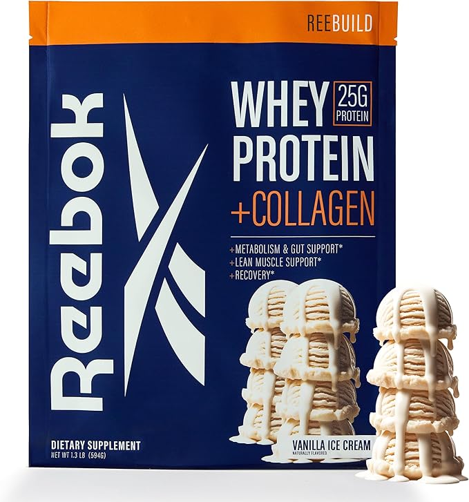 Reebok Whey Protein Powder + Collagen Peptides | 25g Protein with 9 Essential Amino Acids | Muscle Recovery, Joint & Gut Support | Informed-Sport Certified | ReeBuild Vanilla Ice Cream Flavor, 1.3 lb