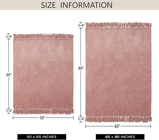 Chenille Throw Blanket for Couch 60"X 80" Twin, Soft Cozy Throws with Fringe Tassel for Bed Sofa Chair Cover, Lightweight Knitted Decorative Boho Blankets for Living Room, Dusty Pink