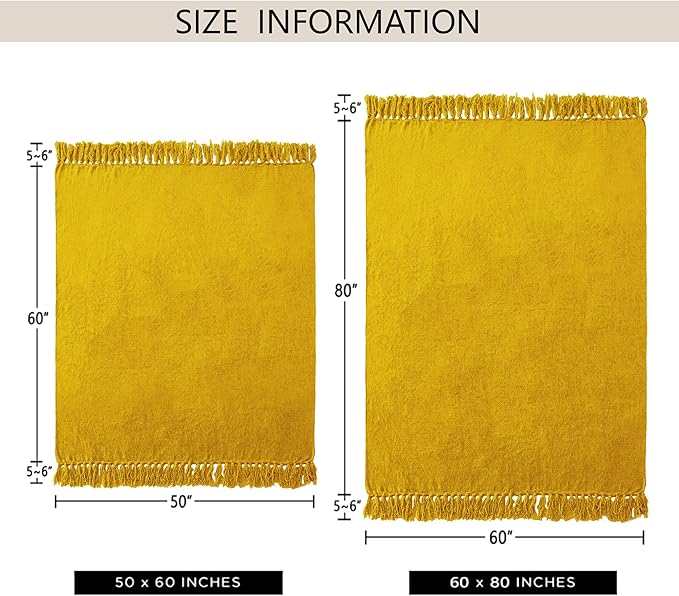 Chenille Throw Blanket for Couch 50"X 60", Soft Cozy Throws with Fringe Tassel for Bed Sofa Chair Cover, Lightweight Knitted Decorative Boho Blankets for Living Room, Yellow