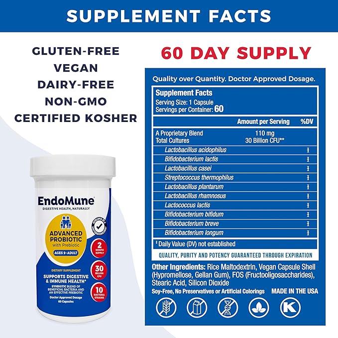 Endomune Advanced Adult Multi-Strain Probiotic Supplement with Prebiotic | 10 Strains, 30 Billion CFU | Physician Formulated (60-Count)