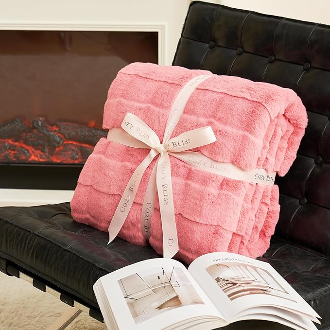 Cozy Bliss Fluffy Pink Faux Fur Throw Blanket for Couch,Lightweight Cozy Soft Throw Blankets for Sofa Bed Living Room,60x80 Inches