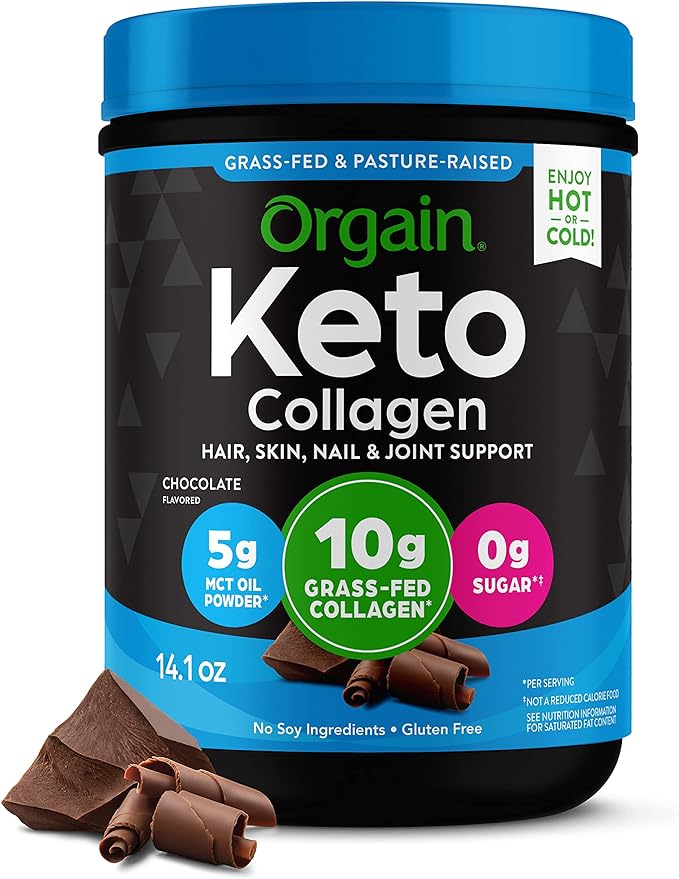 Orgain Keto Collagen Protein Powder with MCT Oil, Chocolate - Paleo Friendly, Grass Fed Hydrolyzed Collagen Peptides Type I and III, Dairy Free, Gluten Free, Soy Free, 0.88 Lb (Packaging May Vary)