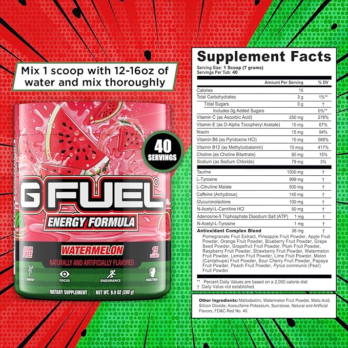 G fuel Watermelon Energy Drink Powder, Pre Workout Caffeine Mix for Gaming, Sugar Free Focus Amino, Vitamin + Antioxidants, 9.9oz (Watermelon, 40 Servings)