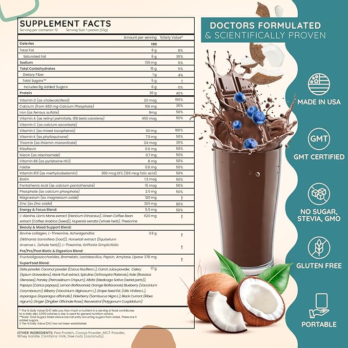 SuperFood Meal Replacement for Women - All-In-One Protein Powder with Greens & Vitamins & Collagen | Chocolate Protein Shake & Supplement Snack for Women's Health, Energy, Focus, Beauty, Mood, No Added Sugar  (1 Sample Packet, Chocolate)