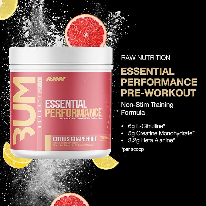 RAW Essential Performance Non-Stim Pre-Workout Powder - Preworkout for Endurance Strength & Focus without Caffeine or Stimulants - Creatine Monohydrate, L-Citrulline & Beta Alanine - Citrus Grapefruit