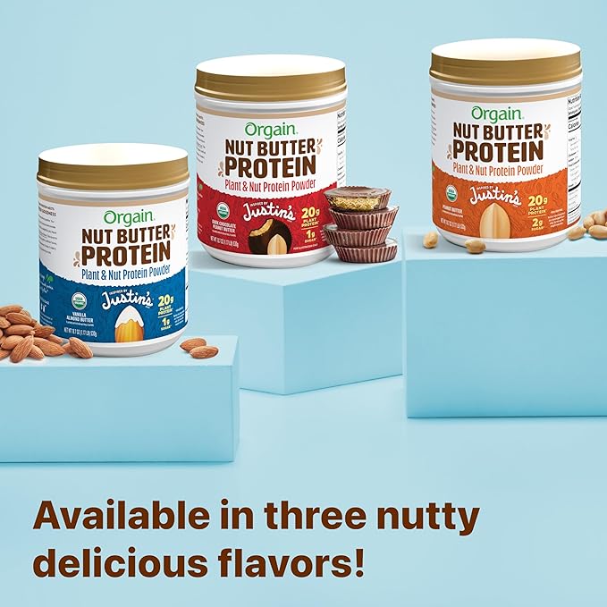 Orgain X Justin's ® Organic Vegan Nut Butter Protein Powder, Peanut Butter- 20g Plant Protein, 2g Sugar, Gluten Free, No Dairy, Soy Ingredients, or Artificial Flavors, 1.17 lb