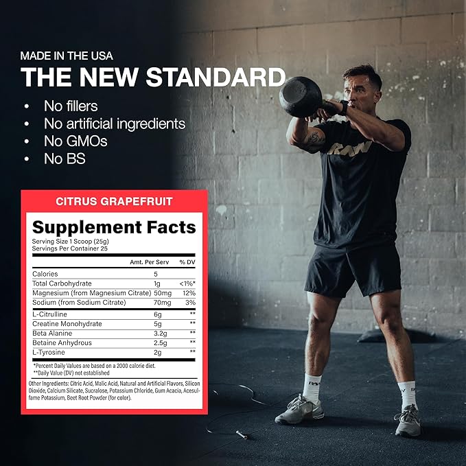 RAW Essential Performance Non-Stim Pre-Workout Powder - Preworkout for Endurance Strength & Focus without Caffeine or Stimulants - Creatine Monohydrate, L-Citrulline & Beta Alanine - Citrus Grapefruit