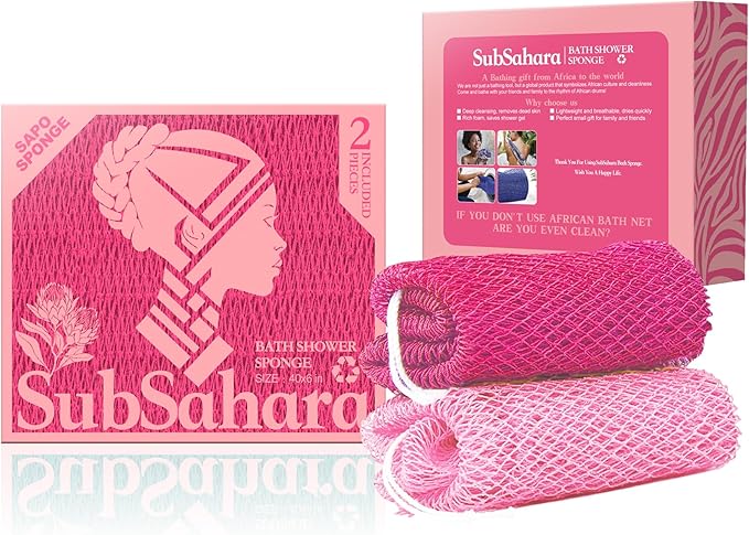 SubSahara Authentic African Net Sponge - 2 Pieces Exfoliating Scrubber for All Skin Types, Bath Sponge for Face & Body, Travel Portable, Durable, Gentle Exfoliation (Dark Pink & Light Pink)