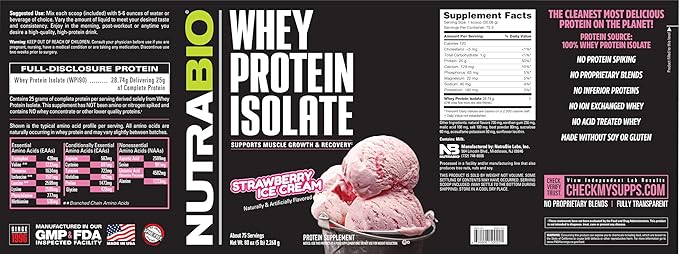 NutraBio 100% Whey Protein Isolate Protein Powder, 25g Protein with Complete Amino Acid Profile, Soy and Gluten Free, Low Carb and Low Calorie Whey Protein Powder, Strawberry Ice Cream, 5 Lbs.