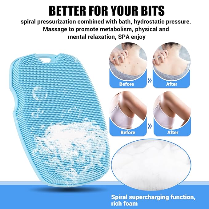 Silicone Body Scrubber Anti Slip for Shower,Zinc Infused Soft Bristles Shower Scrubber for Body Exfoliator,Hygienic,Blood Circulation - Azure