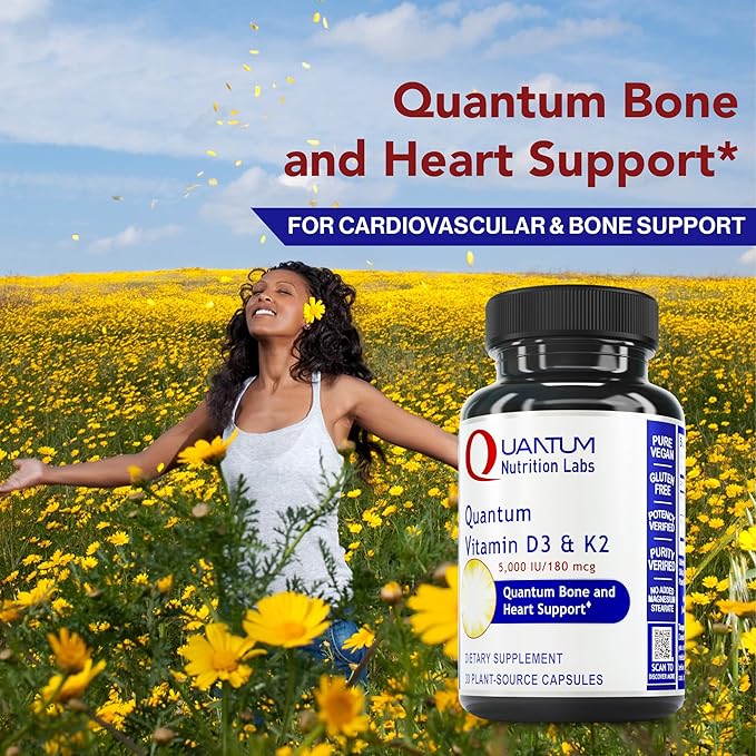 Quantum Nutrition Labs Vitamin D3 and K2 Supplement - Bone & Heart Health Support for Women & Men, 5000 IU, Vegan Vitamins, Allows Calcium Absorption, Gluten-Free - 30 Plant Based Capsules