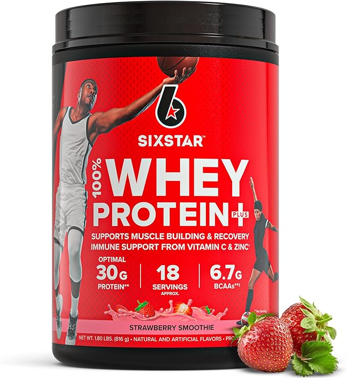 Six Star Whey Protein Powder Plus - Muscle Building & Recovery Formula with Whey Isolate Powder, BCAAs, 30g Protein, Immune Support - Post-Workout Supplement - Strawberry Smoothie, 1.8 lbs