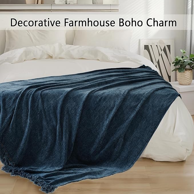 Chenille Throw Blanket for Couch 50"X 60", Soft Cozy Throws with Fringe Tassel for Bed Sofa Chair Cover, Lightweight Knitted Decorative Boho Blankets for Living Room, Navy Blue