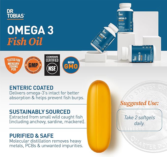 Dr. Tobias Omega 3 Fish Oil, 2000mg Triple Strength with 800mg EPA 600mg DHA Per Serving, Fish Oil Omega 3 Supplements for Heart, Brain & Immune Support, 90 Softgels, 45 Servings