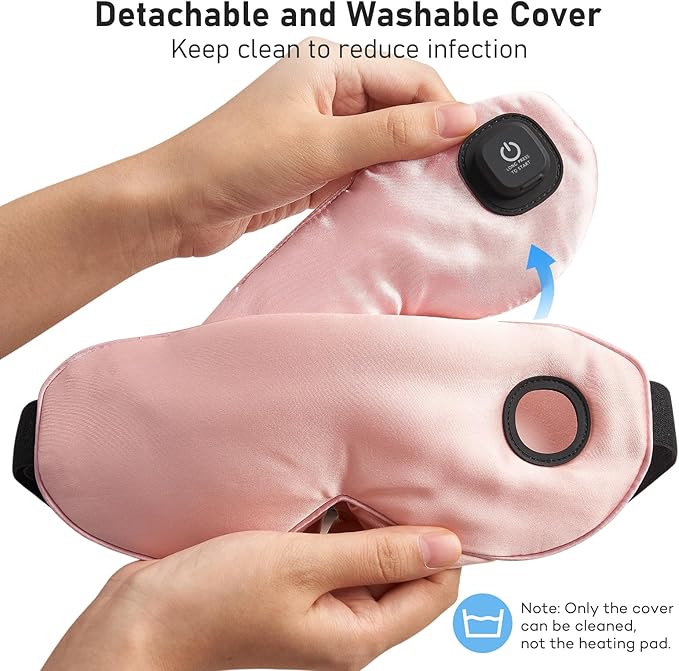 LitBear Heated Eye Mask, Silk Cordless Warm Eye Compress for Dry Eyes, Light Blocking Heat Eye Mask for Women Men, Soft Eye Heating Pad for Dry Eyes, Travel, Rechargeable, Washable Cover (Pink)