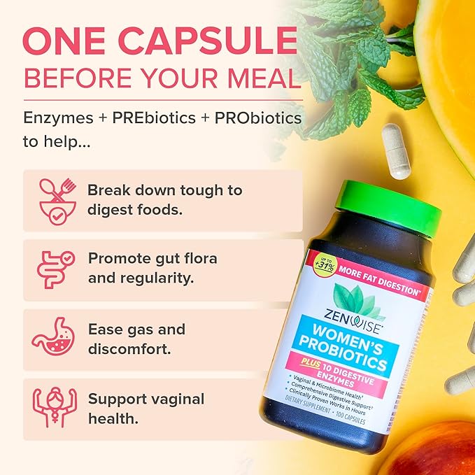 Zenwise Health 3-in-1 Womens Probiotic Supplement for Digestive, Gut Flora & Vaginal Health - Daily Probiotics & Prebiotics for Women with Digestive Enzymes Supports Bloating & Gas Relief - 100 Count