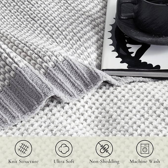 Amélie Home Chenille Honeycomb Knit Throw Blanket for Couch Twin, Reversible Soft Cozy Knit Blanket Lightweight Warm Decorative Throw for Sofa, Bed, Living Room, 50"x60", Grey & White