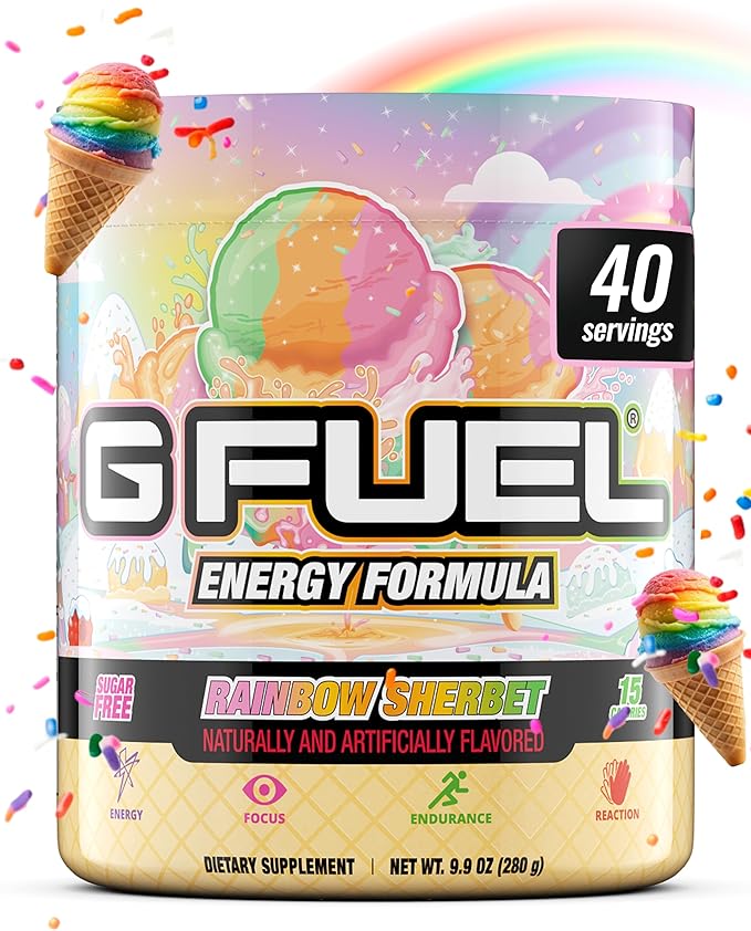 G Fuel Rainbow Sherbet Energy Drink Powder, Pre Workout Caffeine Mix for Gaming, Sugar Free Focus Amino, Vitamin + Antioxidants, 9.9oz (Rainbow Sherbet, 40 Servings)