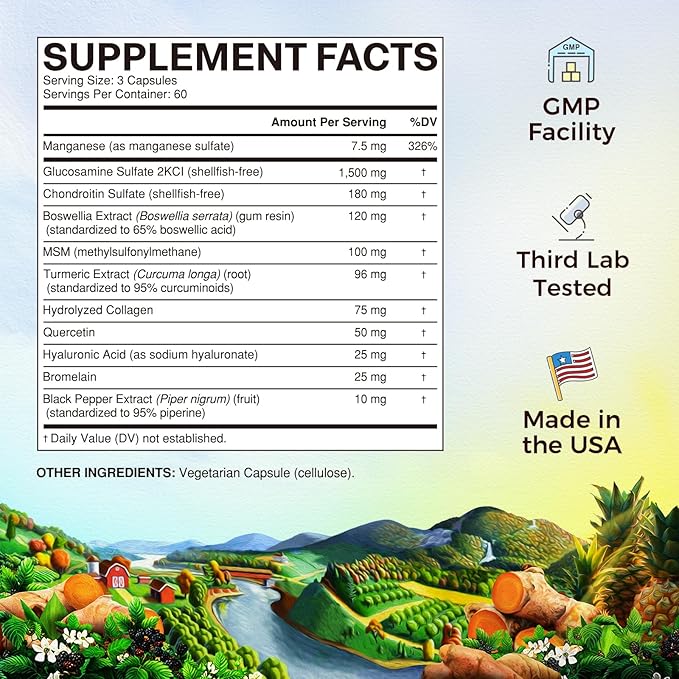 Vitalitown Glucosamine Chondroitin MSM, Turmeric, Collagen, Hyaluronic Acid, Boswellia, Quercetin, 11-in-1 Formula, Glucosamine Sulfate 1500 mg, No Shellfish, Flexibility & Comfort, 180 Caps