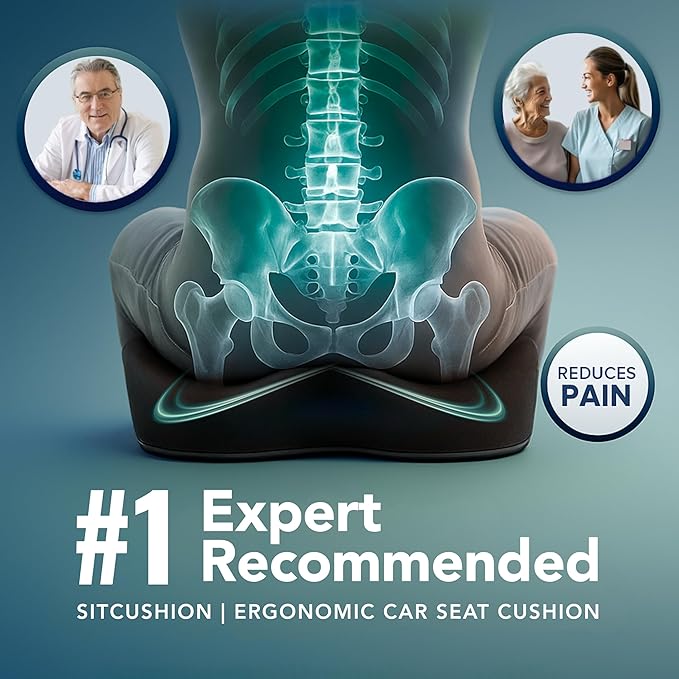 Car Seat Cushion for Driving — Orthopedic Memory Foam Car Seat Pad for Sciatica, Tailbone, and Back Pain Relief for Long Drives. Bonus: with Extra Non-Slip/Washable Cover(Black)