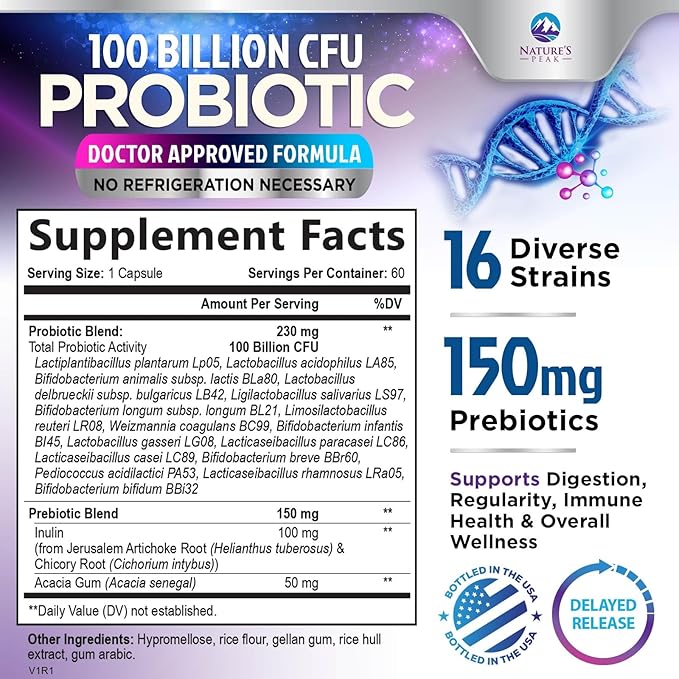 Probiotics 100 Billion CFU Supplement - 16 Strains + Natural Prebiotics - Digestive Health, Gut & Immune Support for Women & Men - Supports Occasional Constipation, Gas & Bloating - 60 Capsules