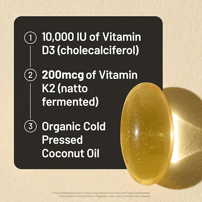 NatureWise Vitamin D3 10,000 IU Plus K2 (MK-7) 200 mcg with Organic Extra Virgin Coconut Oil - Supports Calcium Absorption, Bone, Heart & Immune Health - Non-GMO, Soy & Gluten-Free - 90 Softgels