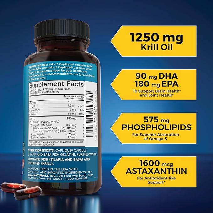 Viva Naturals Antarctic Krill Oil Omega 3 Supplements 1250 mg - DHA EPA Omega-3 & Astaxanthin Concentration for Joint Health, No Fish Burp - 60 Krill Oil Capsules
