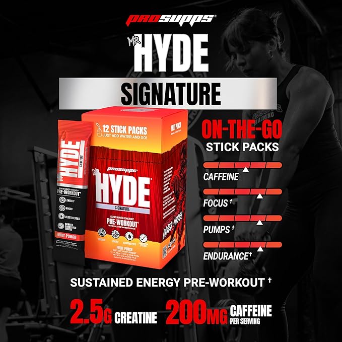 PROSUPPS Mr. Hyde Signature Pre Workout Drink Mix- Performance, Energy & Endurance with Creatine, Beta Alanine & Caffeine - Clean Gym Supplements for Men & Women (Fruit Punch, 12 On-The-Go Packets)