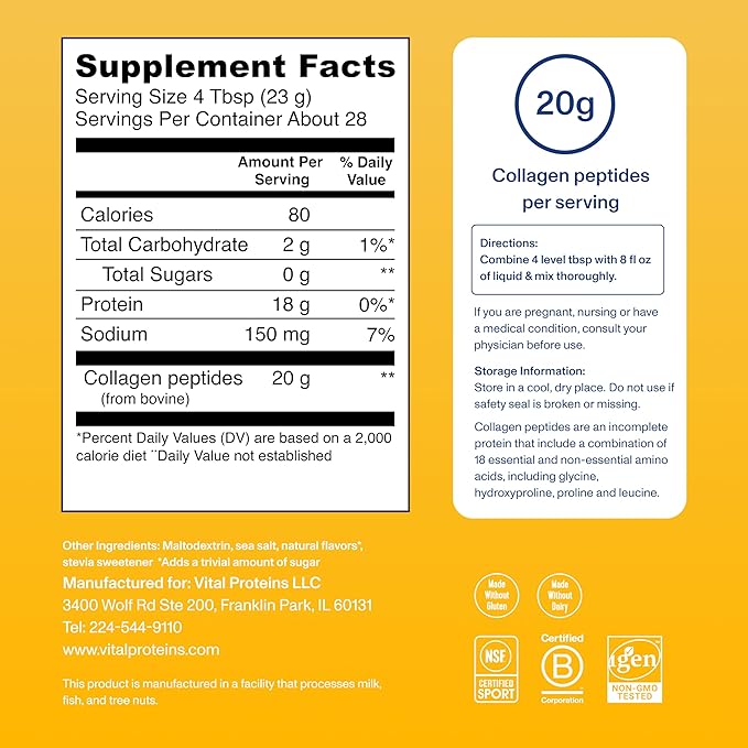 Vital Proteins Collagen Peptides Powder - Grass Fed Collagen Peptides for Hair, Nail, Skin, Bone & Joint Health, Vanilla, 23.2 Ounces