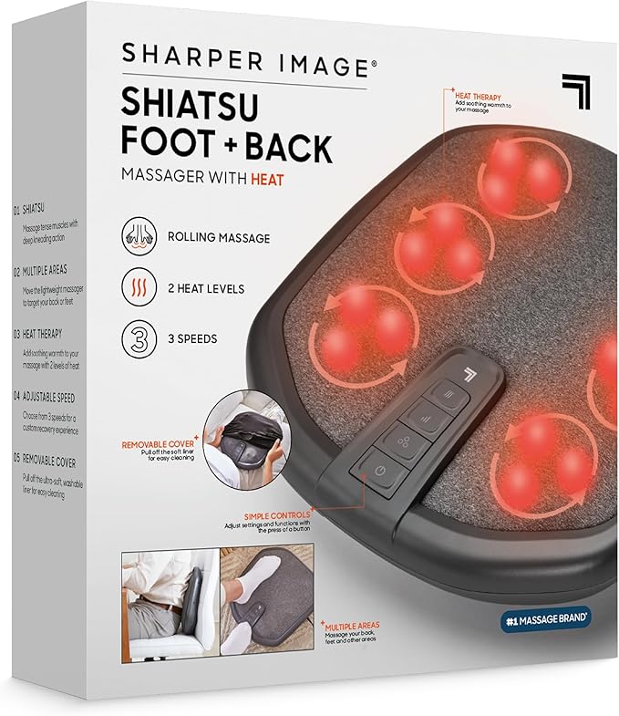 Sharper Image® Shiatsu Foot + Back Massager with Heat & Washable Cover| Portable Kneading Deep Tissue Massage Tool| Heating Pad Massage Pillow