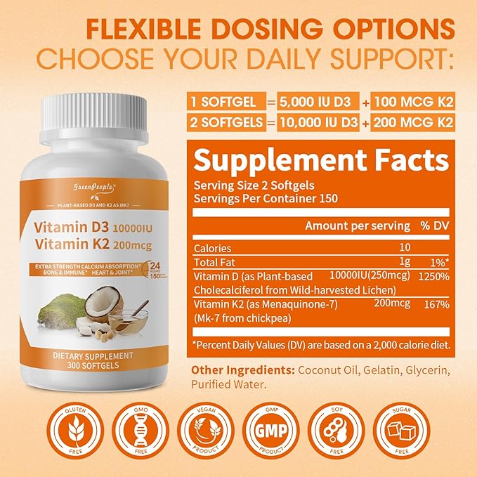 K2 D3 Vitamin Supplement, Vitamin D-3 & K-2 MK-7, 10,000 IU/200 mcg, with Virgin Non-GMO Coconut MCT Oil | 300 Vegan Softgels | Bone Health, Immune Support