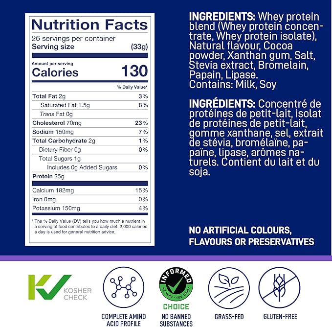 LeanFit WHEY Protein Cookies & Cream - 100% Whey Protein Powder, 25g Protein Per Serving - Grass-Fed, Gluten-Free, BCAAs, Amino Acid - 26 Servings, 1.88 lb Tub