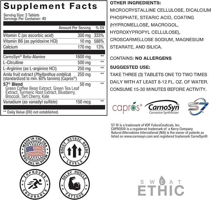 VASO'D Vasodilator, Non-Stim Performance Formula with S7 Plant Blend, CarnoSyn Beta-Alanine, and Capros Indian Gooseberry, Supports Oxygen Flow & Endurance for Men and Women, 120 Capsules