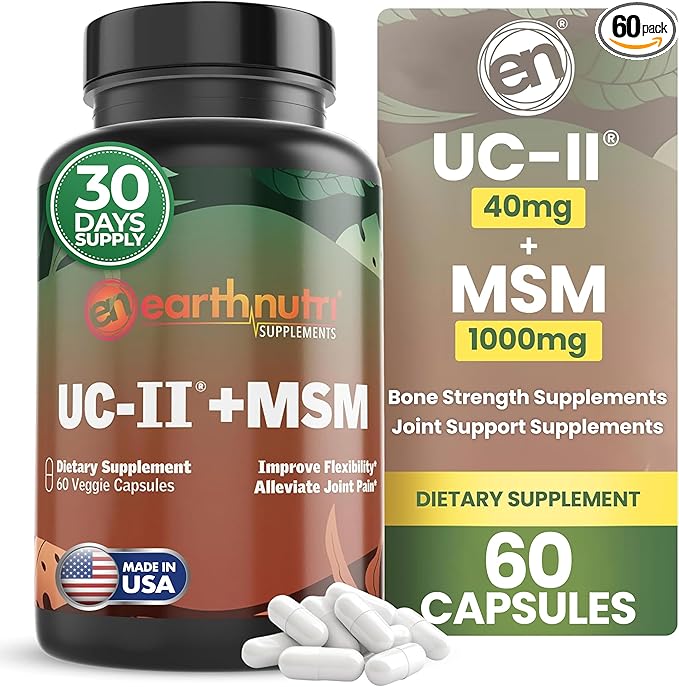 UC-II & MSM Supplement for Bone Health and Joint Flexibility - Supports Mobility & Comfort - 40mg UC-II Providing 10mg Total Collagen & 1000mg MSM - 60 Capsules (2 Caps Daily)