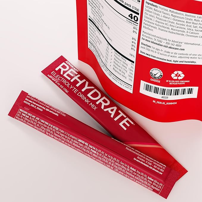 AdvoCare Rehydrate Electrolyte Drink Mix - Hydration & Recovery Drink with Sodium, Potassium & More - Red Raspberry - 15 Hydration Packets