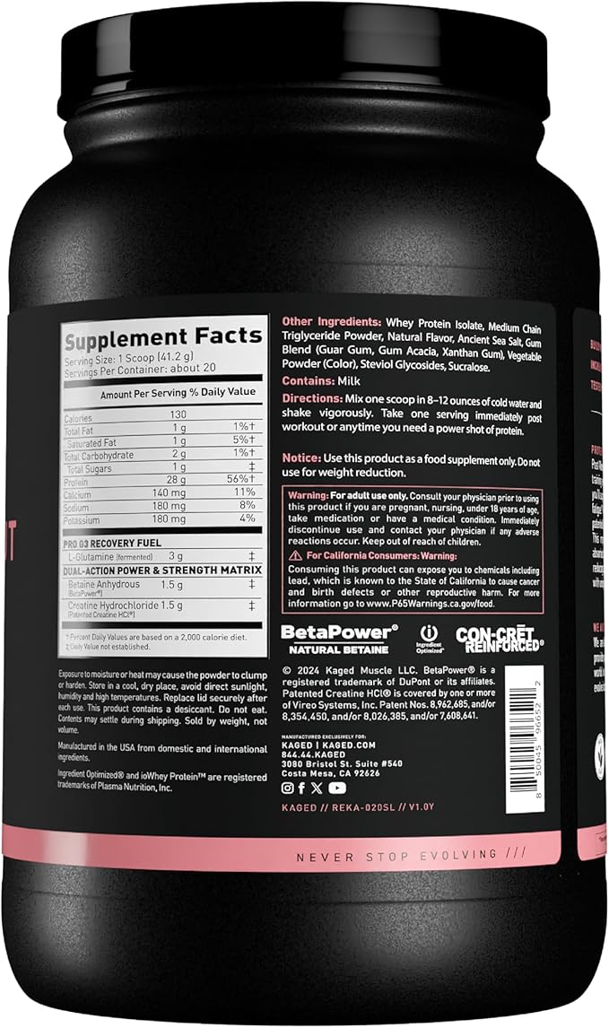 Kaged Post Workout Protein Powder | Strawberry Lemonade | Whey Protein, Creatine, Glutamine & Betaine | Re Recovery Drink | Supports Muscle Building | Supplements for Men & Women | 20 Servings