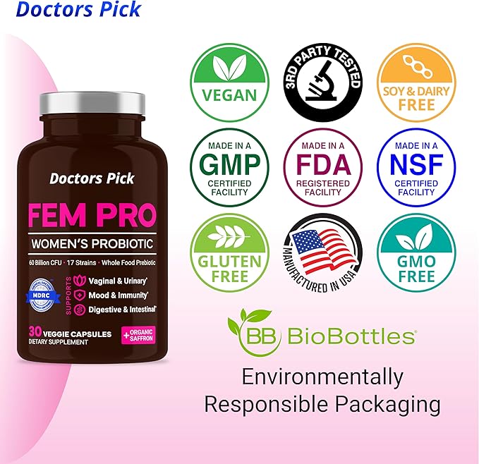 Fem Pro Probiotics for Women. 17 Clinically Effective Strains for Vaginal, Digestive & Immune Support, Urinary Tract Health, pH Balance and Mood. Organic Prebiotic, 30 Veggie Capsules