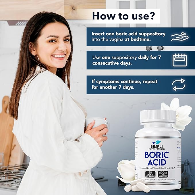 60 Boric Acid Suppositories for Women | BV Treatment for Women | pH Balance Pills | Vaginal Care | Bacterial Vaginosis Treatment Boric Acid (600mg)