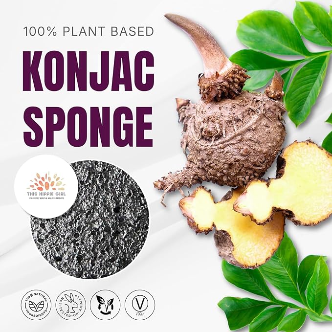 Roote Ritual Konjac Body Sponge – 100% Natural Exfoliating Shower Sponge for Sensitive Skin – Gently Deep Cleanses & Softens, Earth-Friendly, Biodegradable, Vegan – for Women, Men (Charcoal Black)