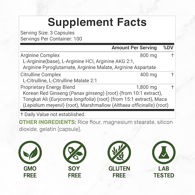 Nitric Oxide Booster 3,000mg Per Serving, 300 Capsules – 12 in 1 Nitric Oxide Supplement – Arginine & Citrulline Complex with Energy Blend – Marshmallow Root – Promotes Nutrient Flow to Muscles&Heart