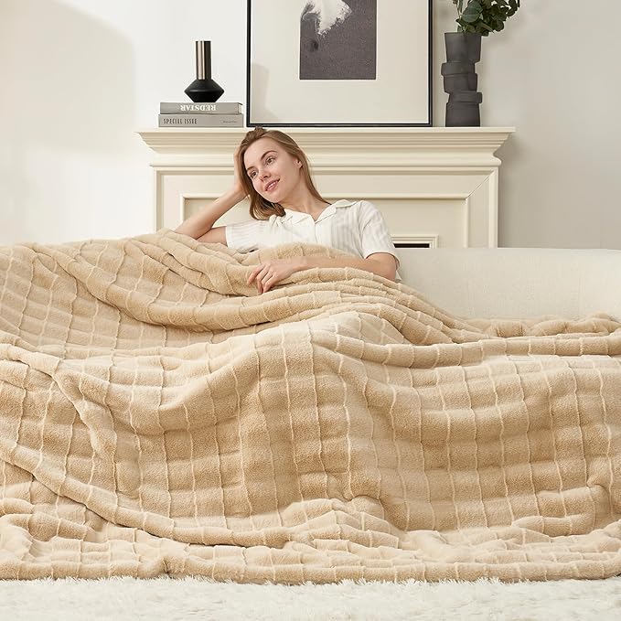 Cozy Bliss Fluffy Faux Fur Throw Blanket for Couch,Lightweight Cozy Soft Beige Throw Blankets for Sofa Bed Living Room,50x60 Inches
