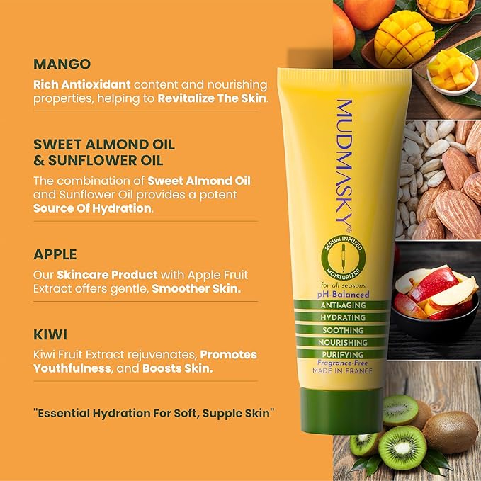 MUDMASKY Face Moisturizer Cream - Serum-Infused Moisturizer for Deep Hydration - Lightweight Skin Care with Mango, Almond & Sunflower Oils - All-Natural Beauty Product Imported from France