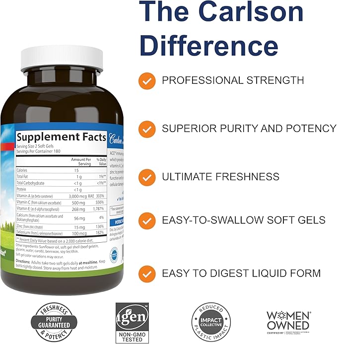 Carlson - ACES + Zn, Vitamins A, C, E + Selenium & Zinc, Multivitamin with Zinc, Cellular Health & Immune Support, Selenium Multivitamin, Antioxidant, 360 Softgels
