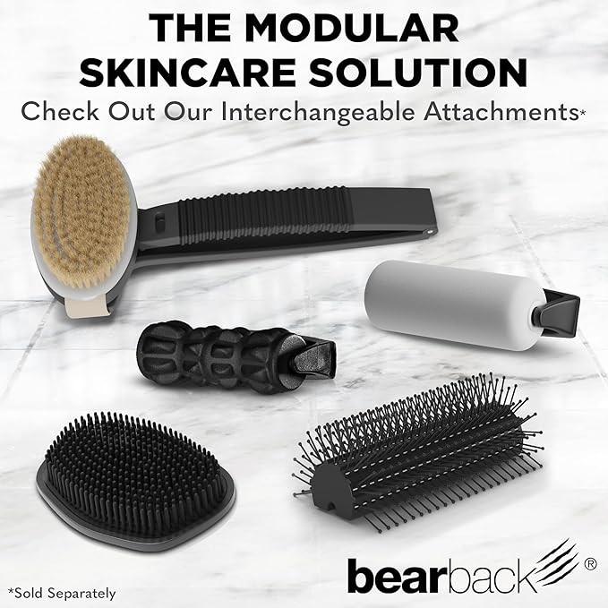 Bearback Dry Brushing Body Brush with Natural Bristles - Premium Exfoliating Brush for Shower or Dry Brushing | Long Folding Handle, Removable Brush Head