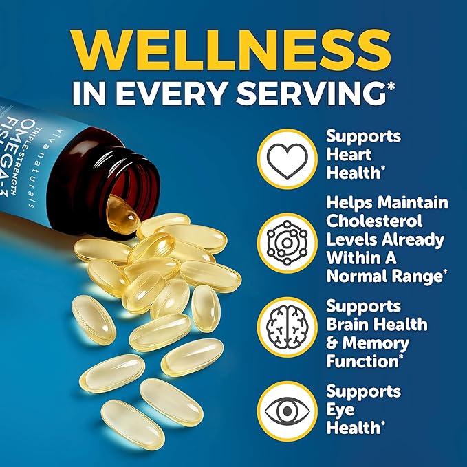 Viva Naturals Omega 3 Fish Oil Supplement for Women and Men - 2500 mg Triple Strength Fish Oil Pills with Re-Esterified Omega 3 Fatty Acids Including EPA, DHA DPA - 90 Pescatarian-Friendly Softgels