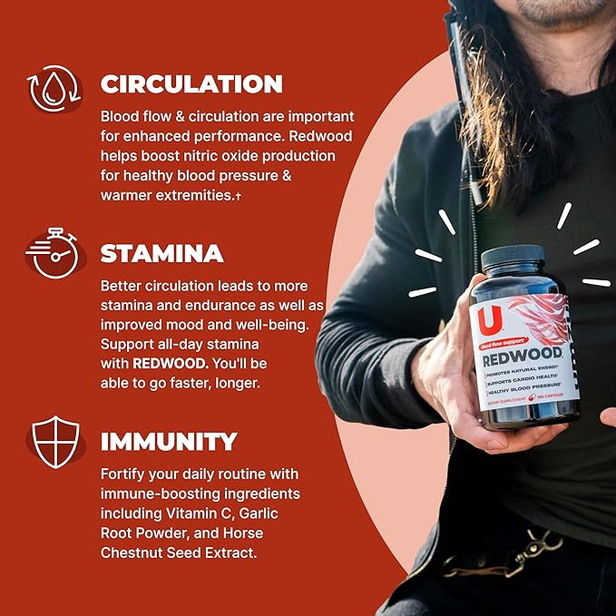 UMZU Redwood Blood Flow Nitric Oxide Supplement for Men & Women, Blood Pressure, Circulation, Stamina, Energy (1-Month Supply | 180 Capsules)