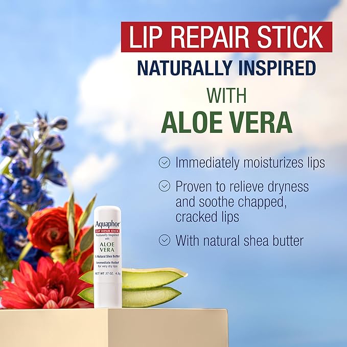 Aquaphor Naturally Inspired Lip Repair Stick with Aloe Vera and Natural Shea Butter, Hydrating Lip Balm Immediately Relieves Dryness and Soothes Chapped Lips, 0.17 Oz Stick, Pack of 3