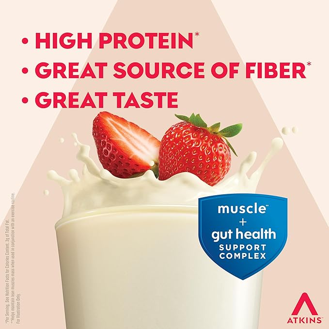 Atkins Strong High Protein Shake, Strawberry, 30g Protein, 7g Prebiotic Fiber, Muscle & Gut Health Support Complex, 12 Count