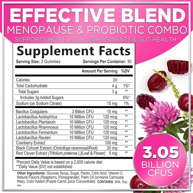 Menopause Supplements for Women Gummies with Black Cohosh, Cranberry 3 Billion CFU Probiotics - Complete Menopause Balance Relief for Hot Flashes, Night Sweats, PH, Vaginal Health Support - 60 Gummies